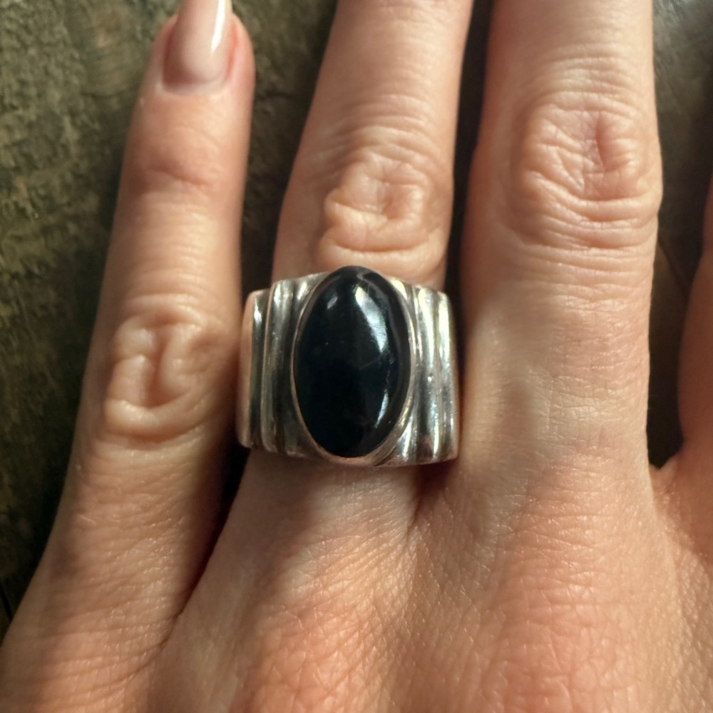 Vintage 925 Mexico Sterling Silver Black Onyx Wide Band Ring size 5.75 - 6